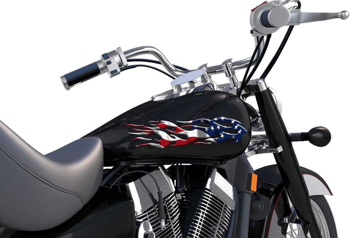 american flag flames vinyl graphics on the side of black motorcycle